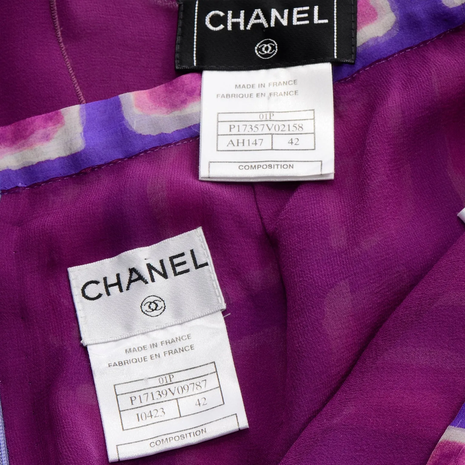 2001 Chanel Raspberry Pink & Purple Print Silk Skirt and Top