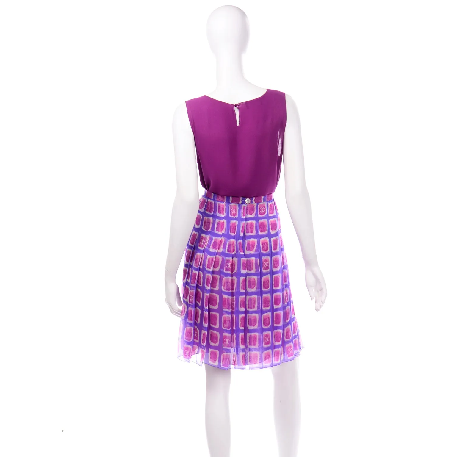 2001 Chanel Raspberry Pink & Purple Print Silk Skirt and Top