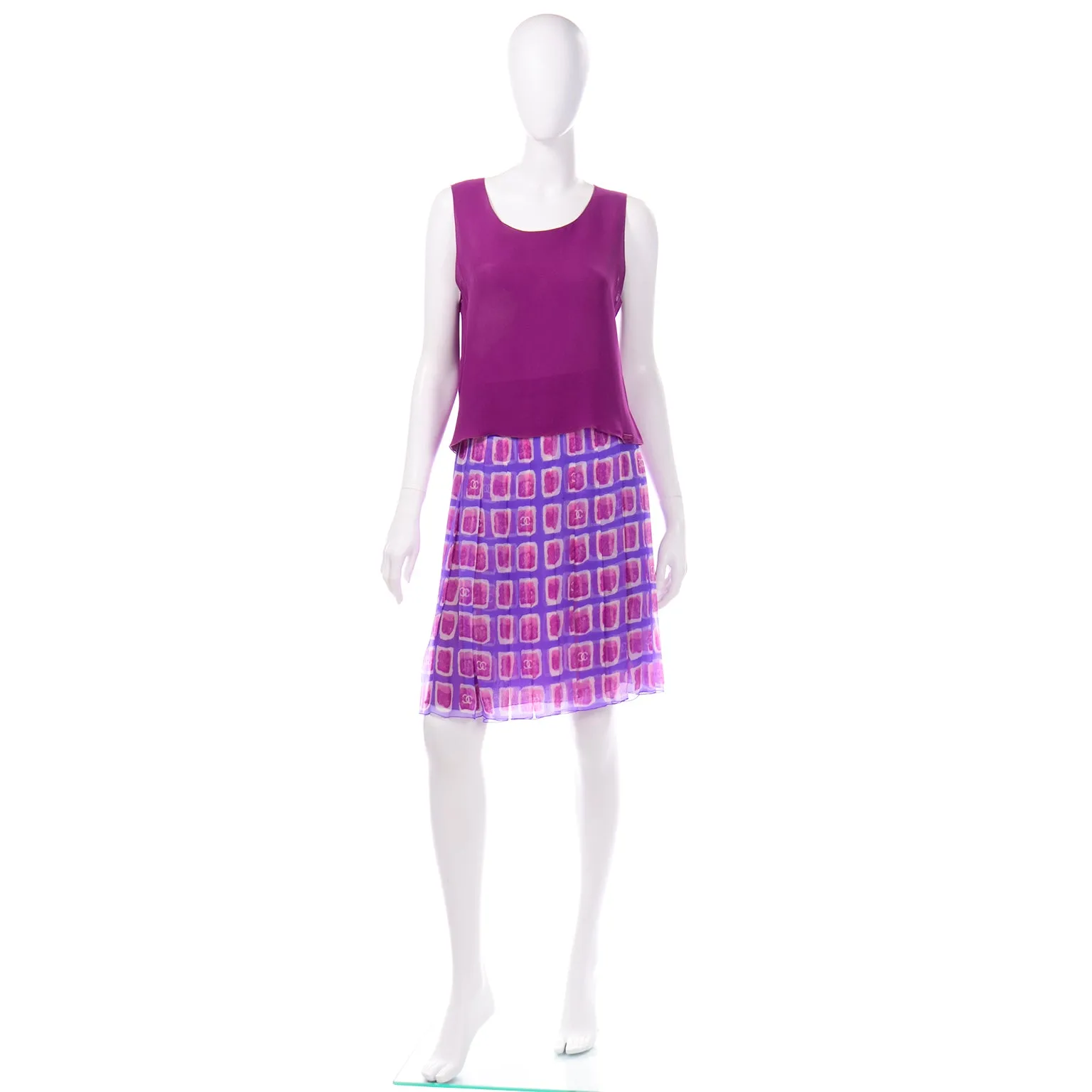 2001 Chanel Raspberry Pink & Purple Print Silk Skirt and Top