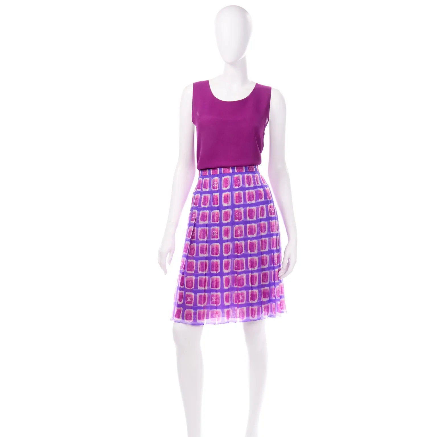2001 Chanel Raspberry Pink & Purple Print Silk Skirt and Top