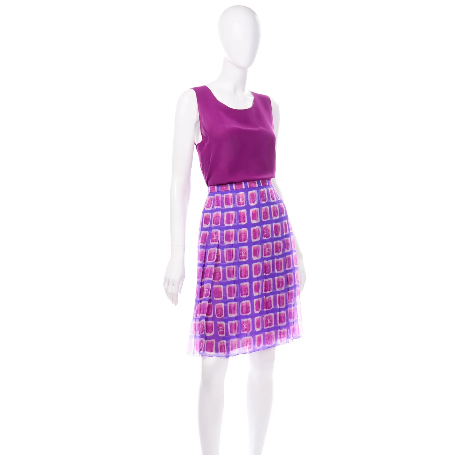 2001 Chanel Raspberry Pink & Purple Print Silk Skirt and Top