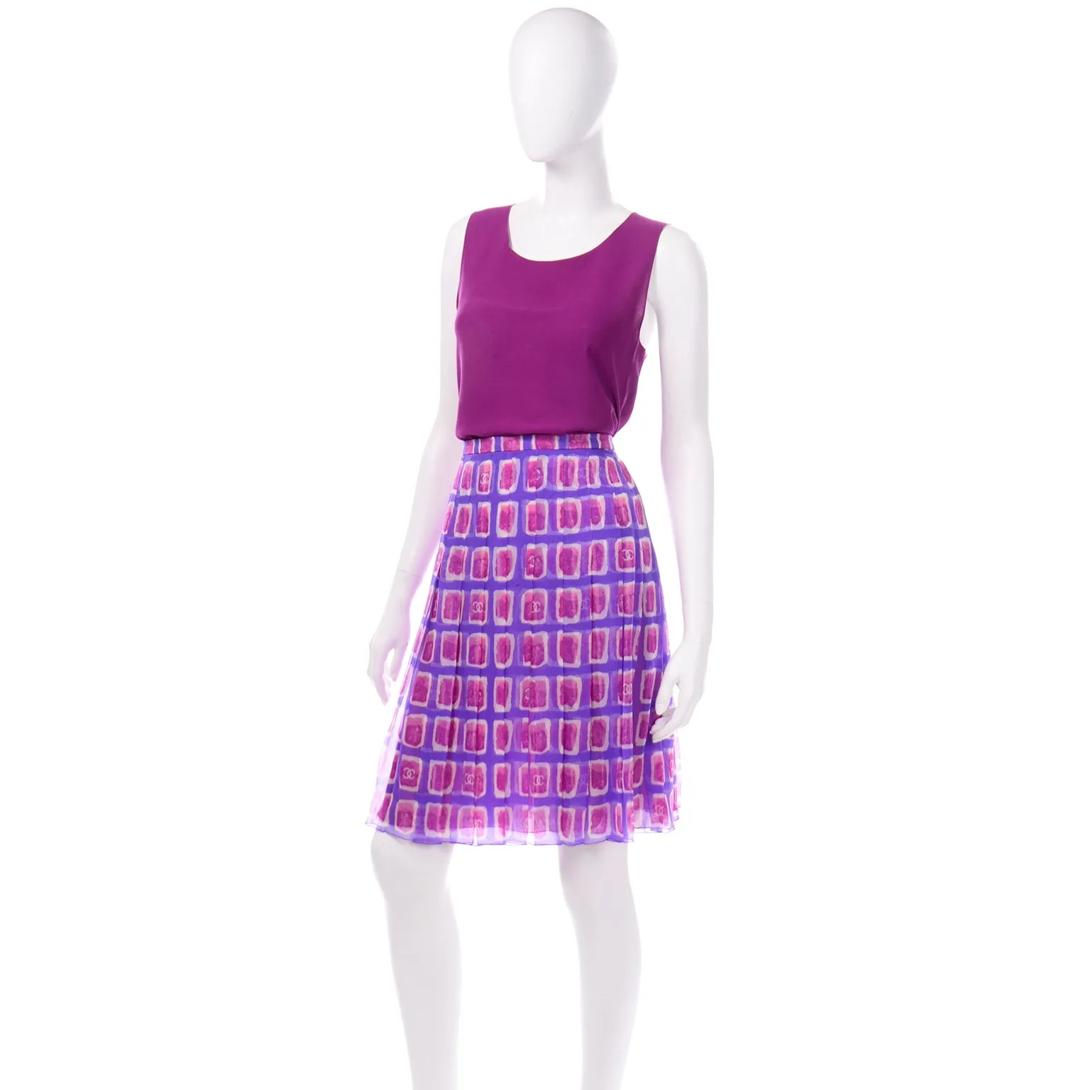 2001 Chanel Raspberry Pink & Purple Print Silk Skirt and Top