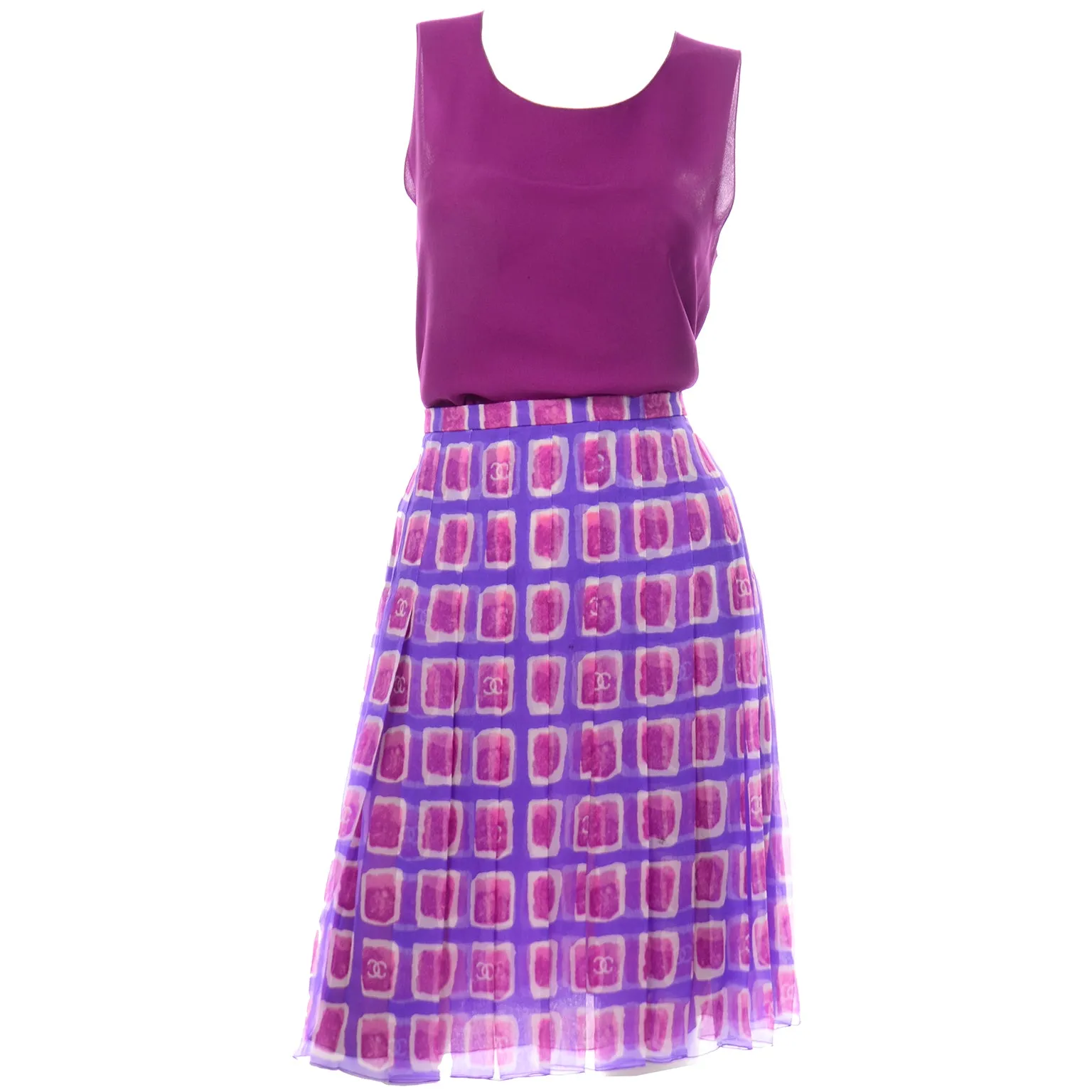 2001 Chanel Raspberry Pink & Purple Print Silk Skirt and Top