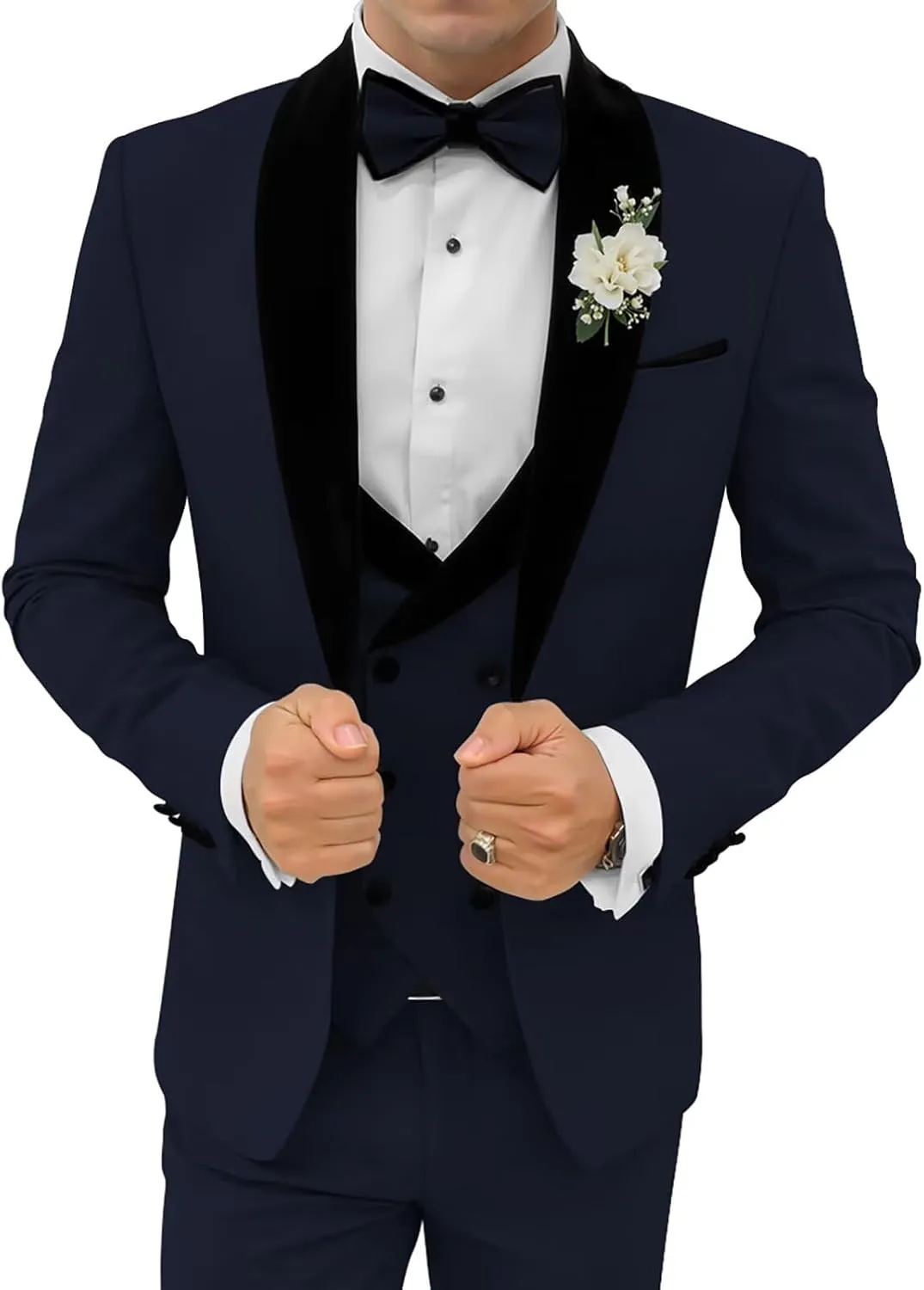 3 Piece Mens Tuxedo Suit Set Double Breasted Suit Men Slim Fit Tuxedo Suits with Bow for Groom Wedding Prom