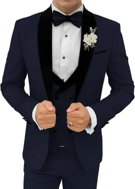 3 Piece Mens Tuxedo Suit Set Double Breasted Suit Men Slim Fit Tuxedo Suits with Bow for Groom Wedding Prom