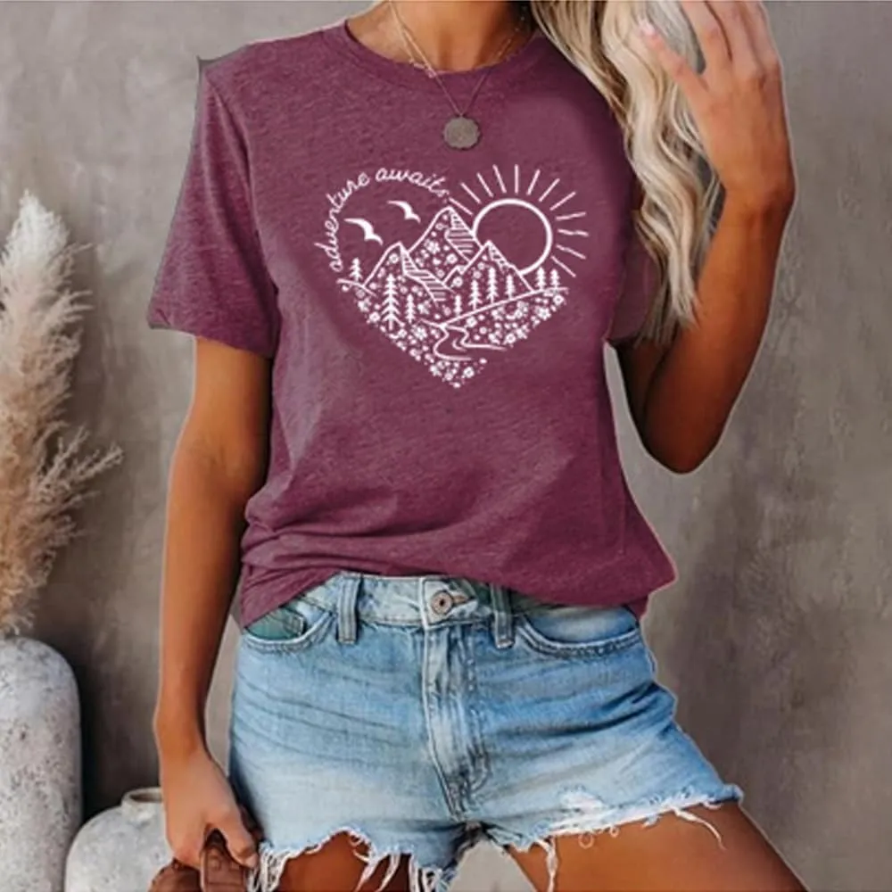 Adventure Awaits T-Shirt Women Outdoor Graphic Tee Shirt Nature Hiking Camping Tee Shirts Travel Shirt