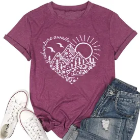 Adventure Awaits T-Shirt Women Outdoor Graphic Tee Shirt Nature Hiking Camping Tee Shirts Travel Shirt