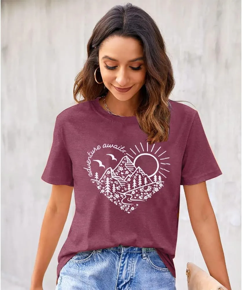 Adventure Awaits T-Shirt Women Outdoor Graphic Tee Shirt Nature Hiking Camping Tee Shirts Travel Shirt