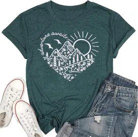 Adventure Awaits T-Shirt Women Outdoor Graphic Tee Shirt Nature Hiking Camping Tee Shirts Travel Shirt