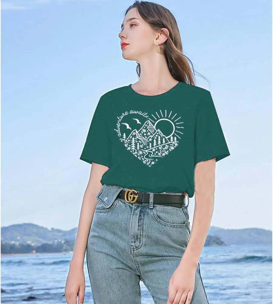 Adventure Awaits T-Shirt Women Outdoor Graphic Tee Shirt Nature Hiking Camping Tee Shirts Travel Shirt