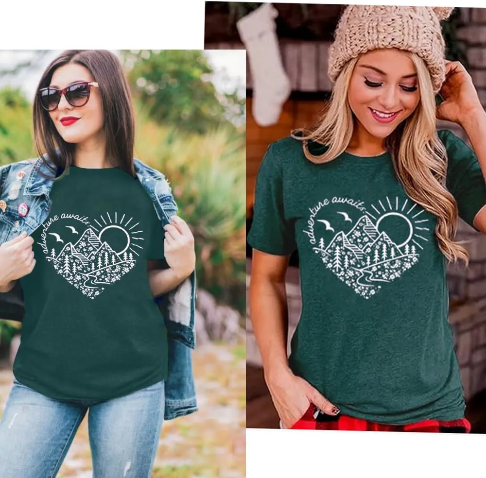 Adventure Awaits T-Shirt Women Outdoor Graphic Tee Shirt Nature Hiking Camping Tee Shirts Travel Shirt