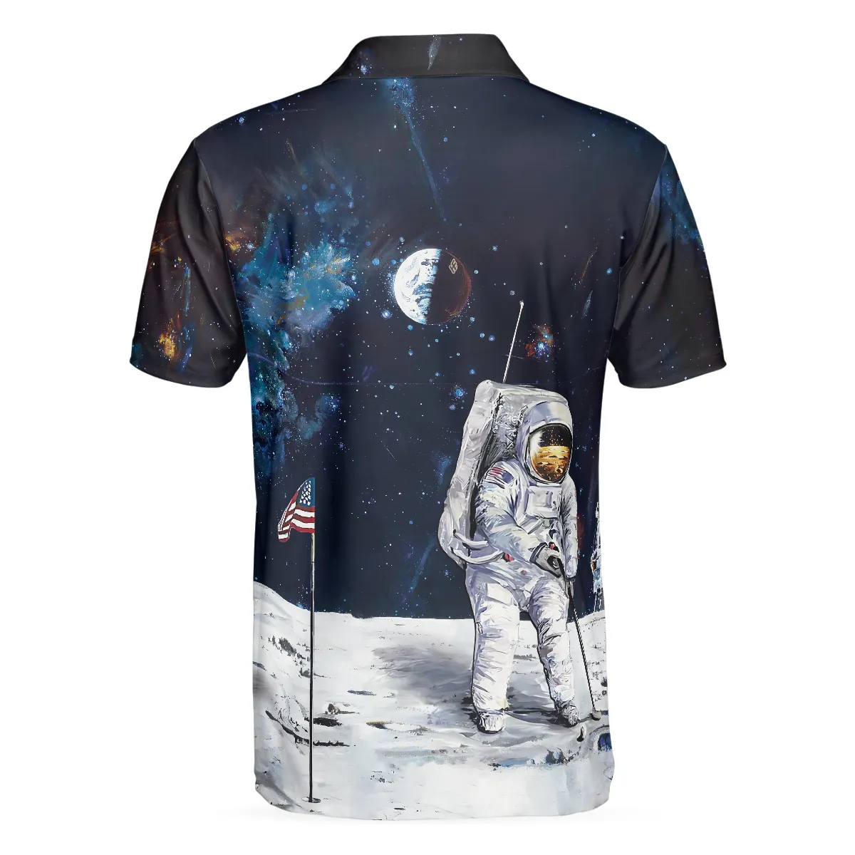 Astronaut Moon Golf Short Sleeve Polo Shirt For Golf, American Flag Polo Shirt, Best Golf Shirt For Men