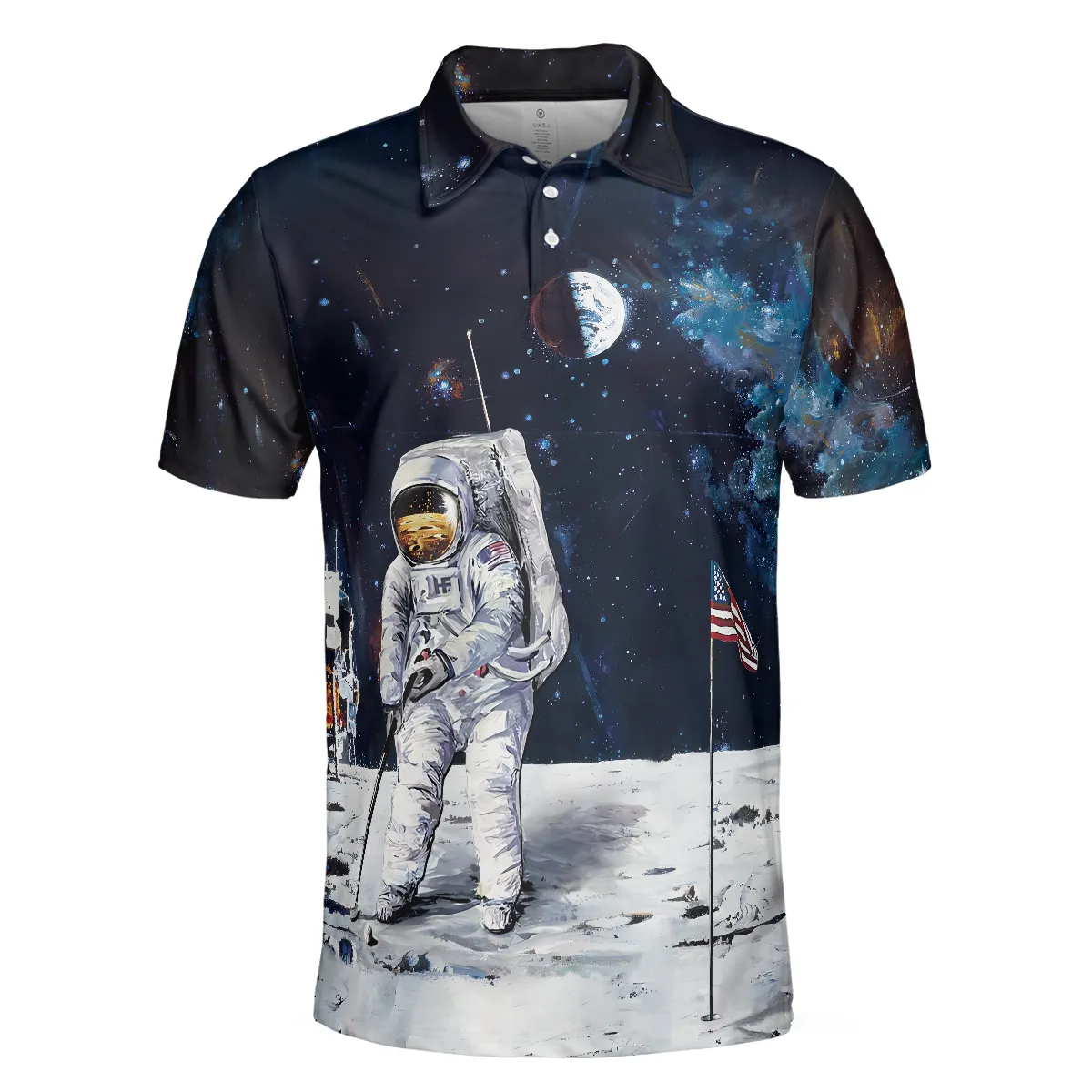 Astronaut Moon Golf Short Sleeve Polo Shirt For Golf, American Flag Polo Shirt, Best Golf Shirt For Men