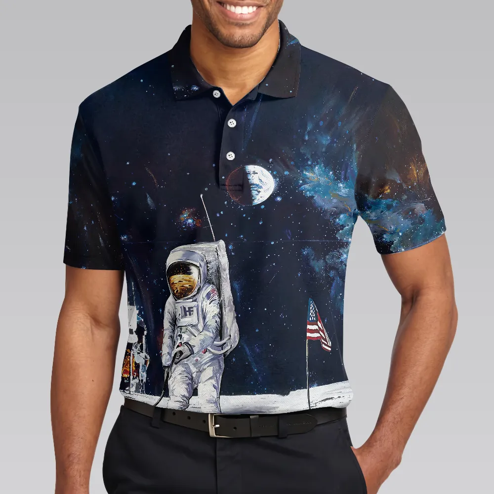 Astronaut Moon Golf Short Sleeve Polo Shirt For Golf, American Flag Polo Shirt, Best Golf Shirt For Men