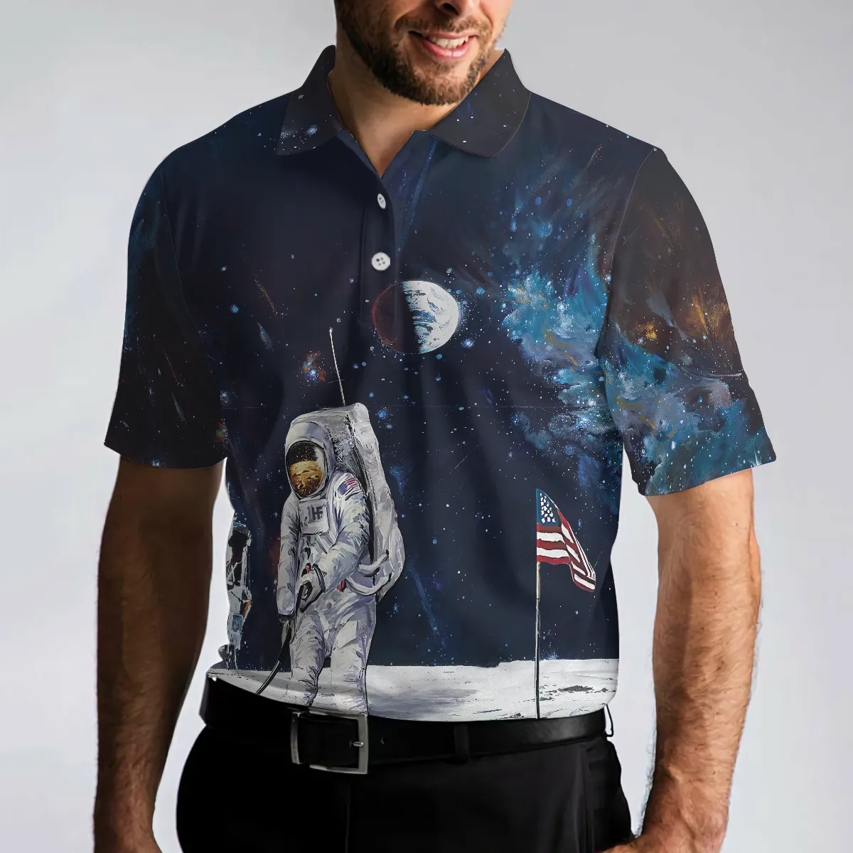 Astronaut Moon Golf Short Sleeve Polo Shirt For Golf, American Flag Polo Shirt, Best Golf Shirt For Men