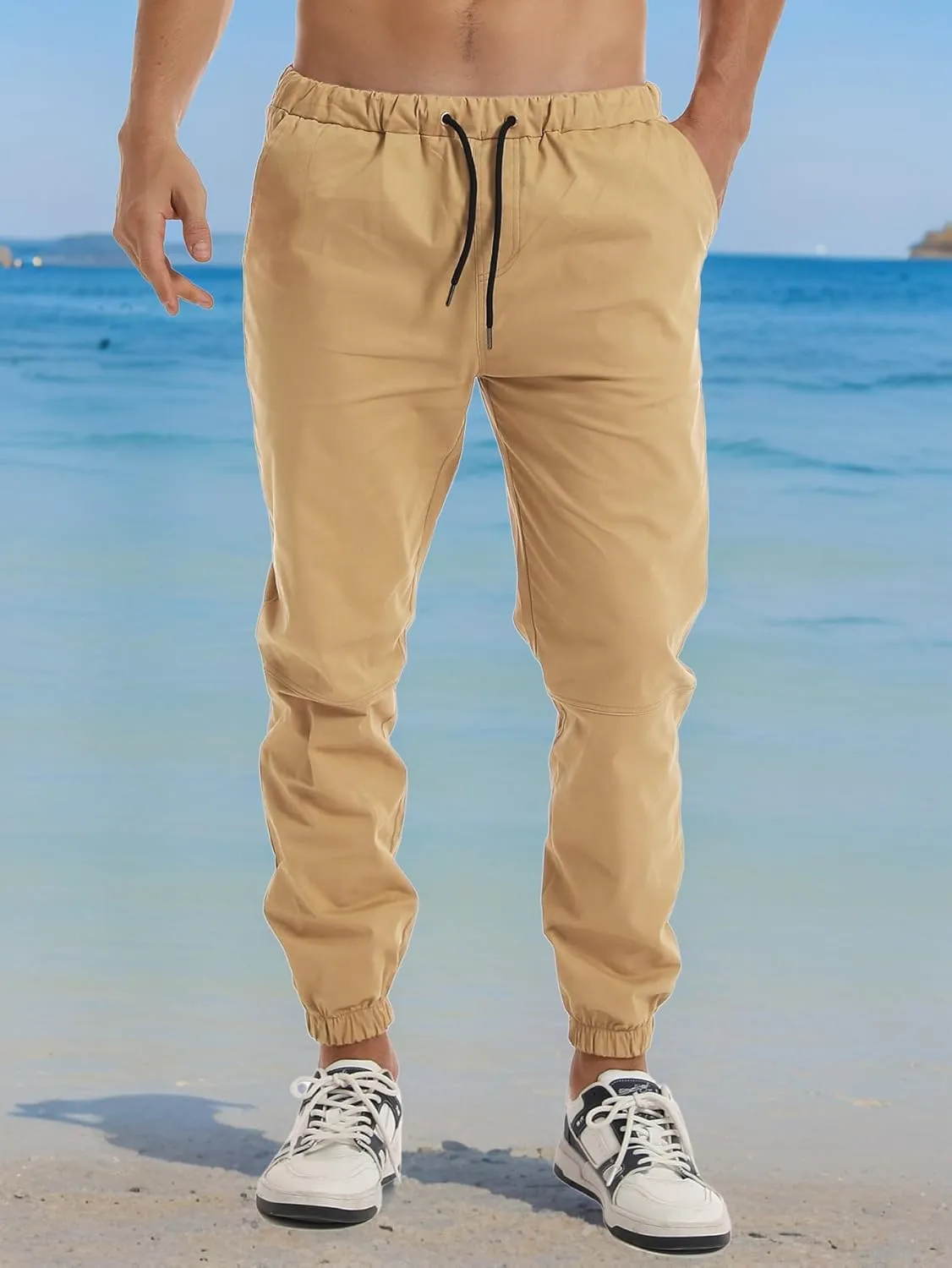 AUTIWITUA Men's Casual Jogger Pants Lightweight Cotton Drawstring Cargo Pants Outdoor Hiking Twill Track Tapered Pants
