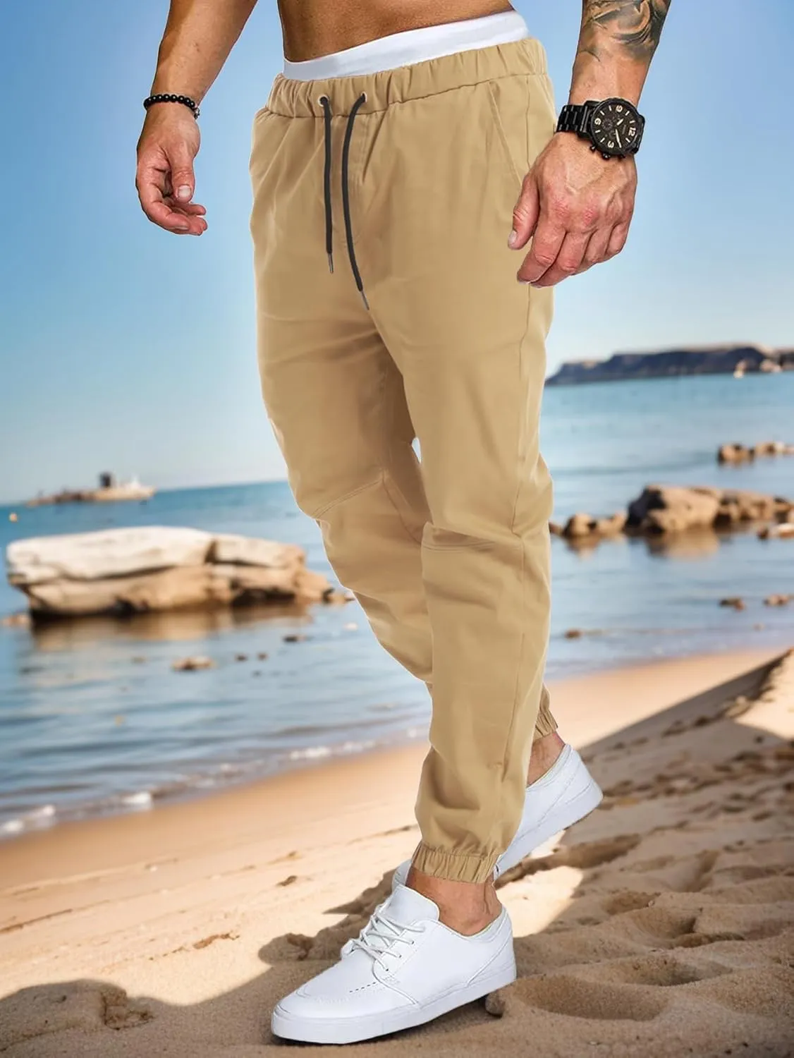 AUTIWITUA Men's Casual Jogger Pants Lightweight Cotton Drawstring Cargo Pants Outdoor Hiking Twill Track Tapered Pants