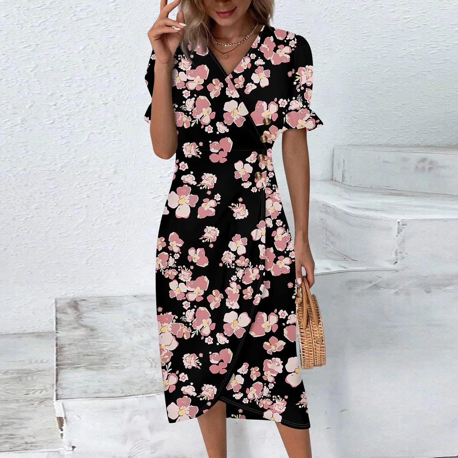 Beach Dresses for Women,2025 Spring Trendy Floral Boho Dress,Elegant V Neck Short Sleeve Irregular Hem Midi Dress