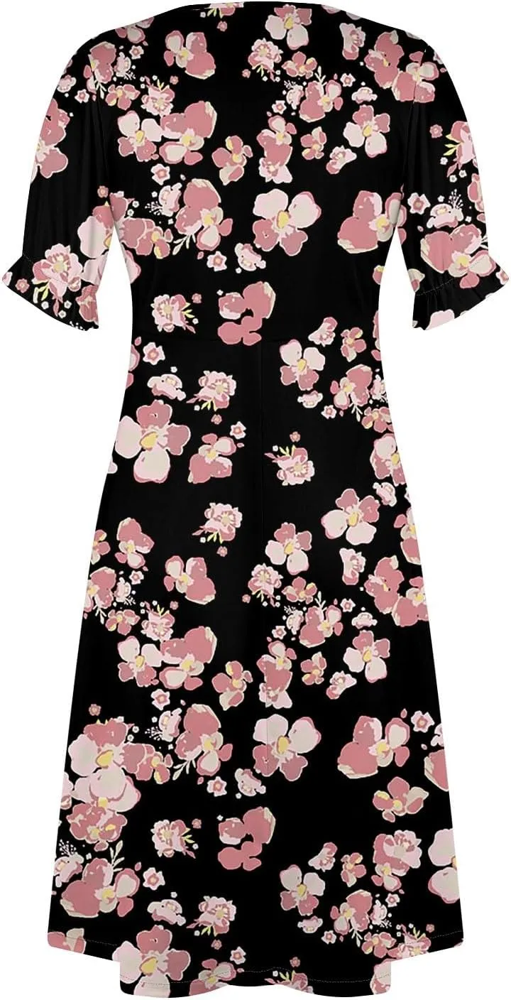 Beach Dresses for Women,2025 Spring Trendy Floral Boho Dress,Elegant V Neck Short Sleeve Irregular Hem Midi Dress
