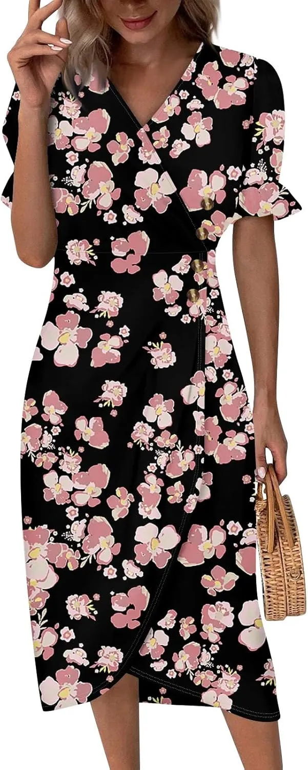 Beach Dresses for Women,2025 Spring Trendy Floral Boho Dress,Elegant V Neck Short Sleeve Irregular Hem Midi Dress