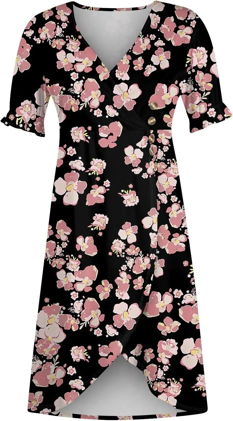 Beach Dresses for Women,2025 Spring Trendy Floral Boho Dress,Elegant V Neck Short Sleeve Irregular Hem Midi Dress