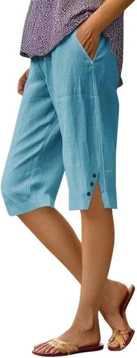 Bermuda Shorts for Women Knee Length Casual Summer Linen Capri Pants Lightweight Beach Vacation Pant with Pockets
