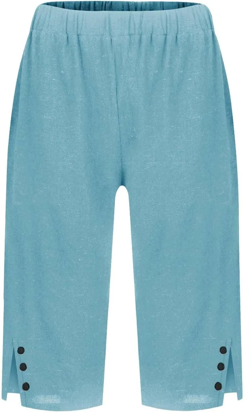 Bermuda Shorts for Women Knee Length Casual Summer Linen Capri Pants Lightweight Beach Vacation Pant with Pockets