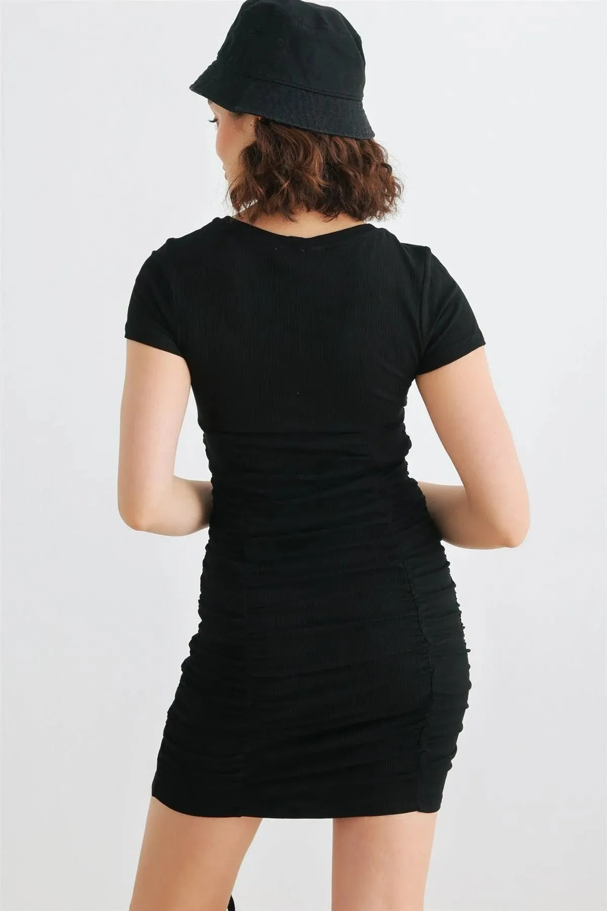 Black Ribbed Short Sleeve Ruched Mini Dress /3-2-1