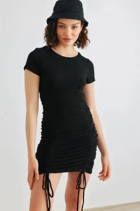 Black Ribbed Short Sleeve Ruched Mini Dress /3-2-1