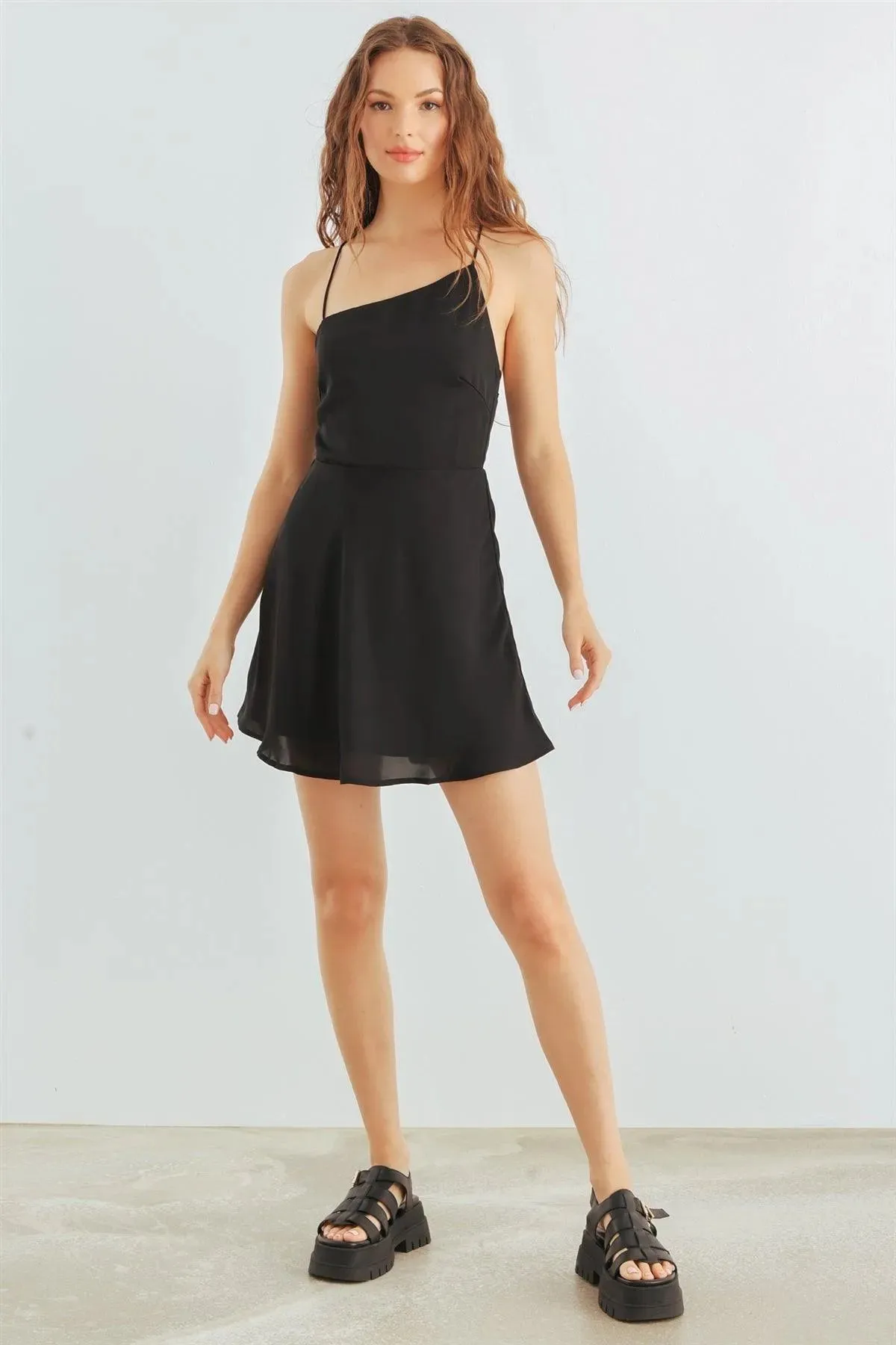 Black Sleeveless Back Criss-Cross Flare Hem Mini Dress /2-2-1