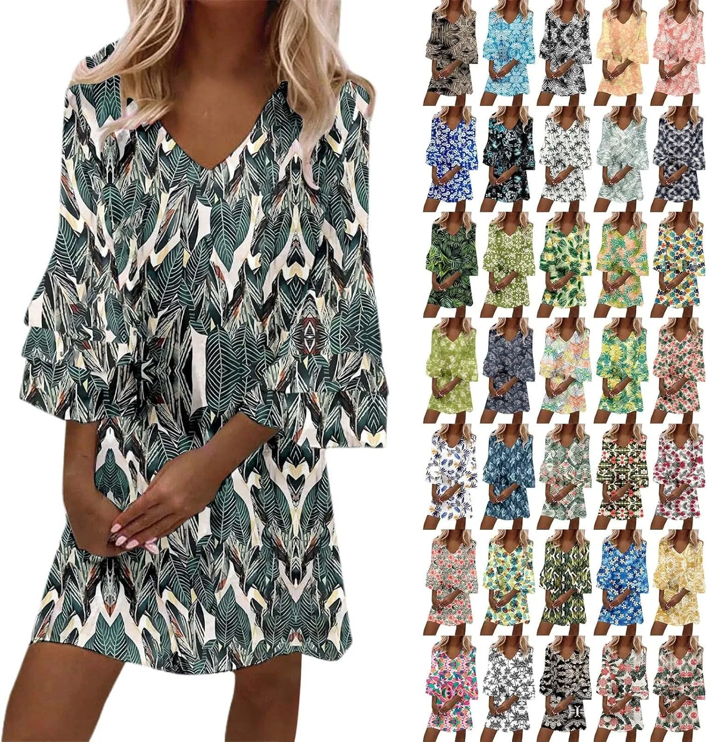 Boho Floral Mini Dress for Women | V Neck 3/4 Bell Sleeve Summer Dress, Flowy Loose Beach Dresses with Casual Chic Style