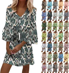 Boho Floral Mini Dress for Women | V Neck 3/4 Bell Sleeve Summer Dress, Flowy Loose Beach Dresses with Casual Chic Style