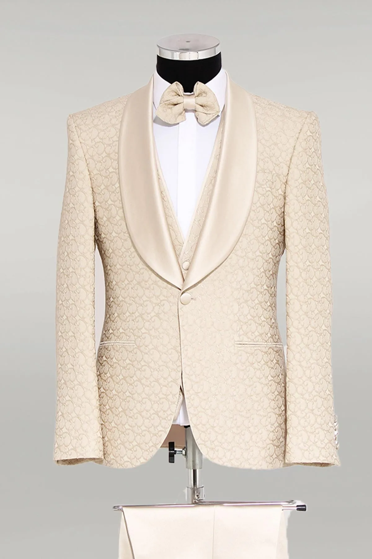 Brocade Double-Breasted Satin Lapel Ivory Men's Tuxedo with Bow Tie - Wessi