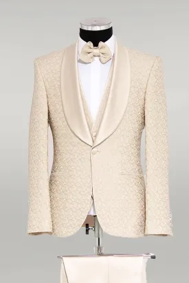Brocade Double-Breasted Satin Lapel Ivory Men's Tuxedo with Bow Tie - Wessi
