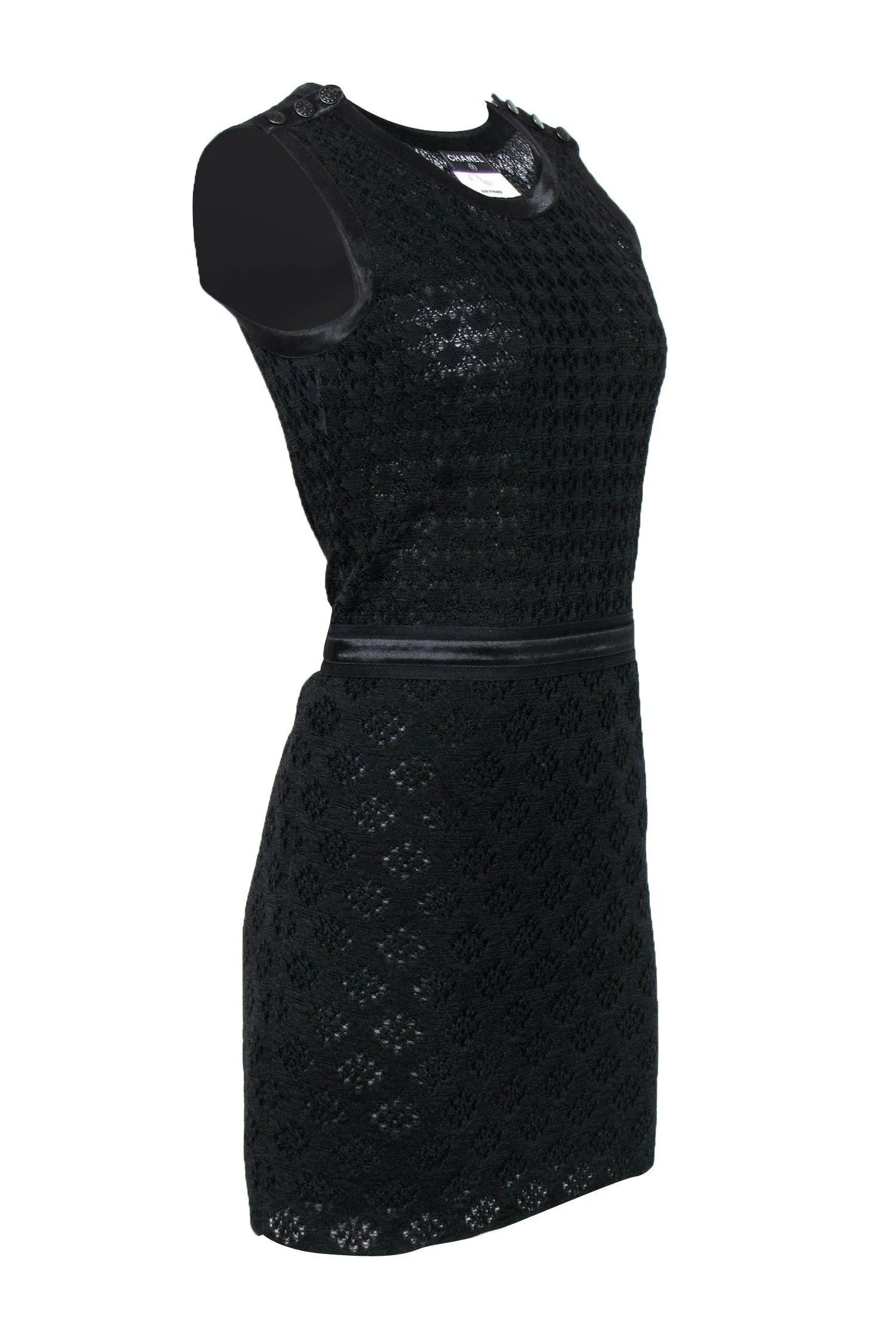 Chanel - Black Silk Patterned Knit Dress w/ Satin Trim Sz 4