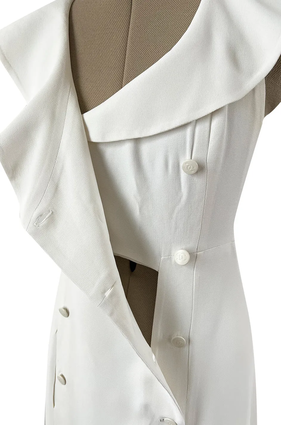 Chic Cruise 1997 Chanel by Karl Lagerfeld White Dress w Large Collar & Logo Buttons