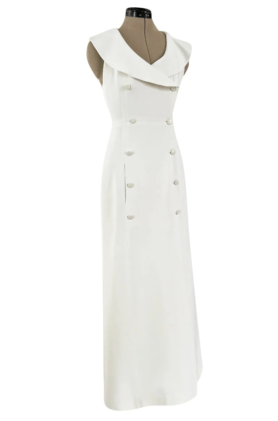 Chic Cruise 1997 Chanel by Karl Lagerfeld White Dress w Large Collar & Logo Buttons