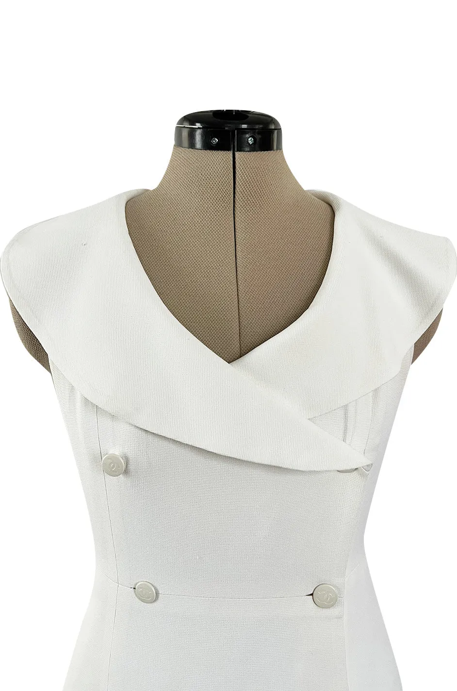 Chic Cruise 1997 Chanel by Karl Lagerfeld White Dress w Large Collar & Logo Buttons