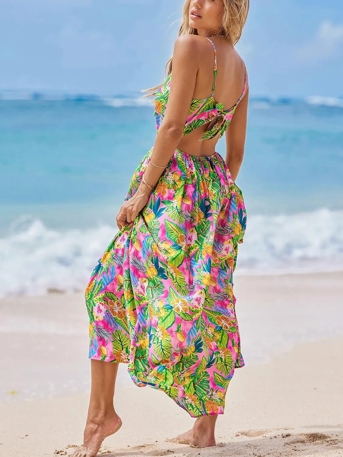 CUPSHE Women's Maxi Dress Floral Print Twisted V Neck Sleeveless Long Dress Summer Casual Dress