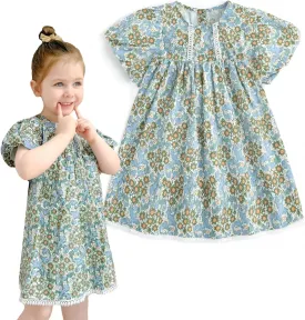 Curipeer Little Girls Summer Dress Floral Short Sleeve Cotton Casual Outfit Dress 12M-8Y