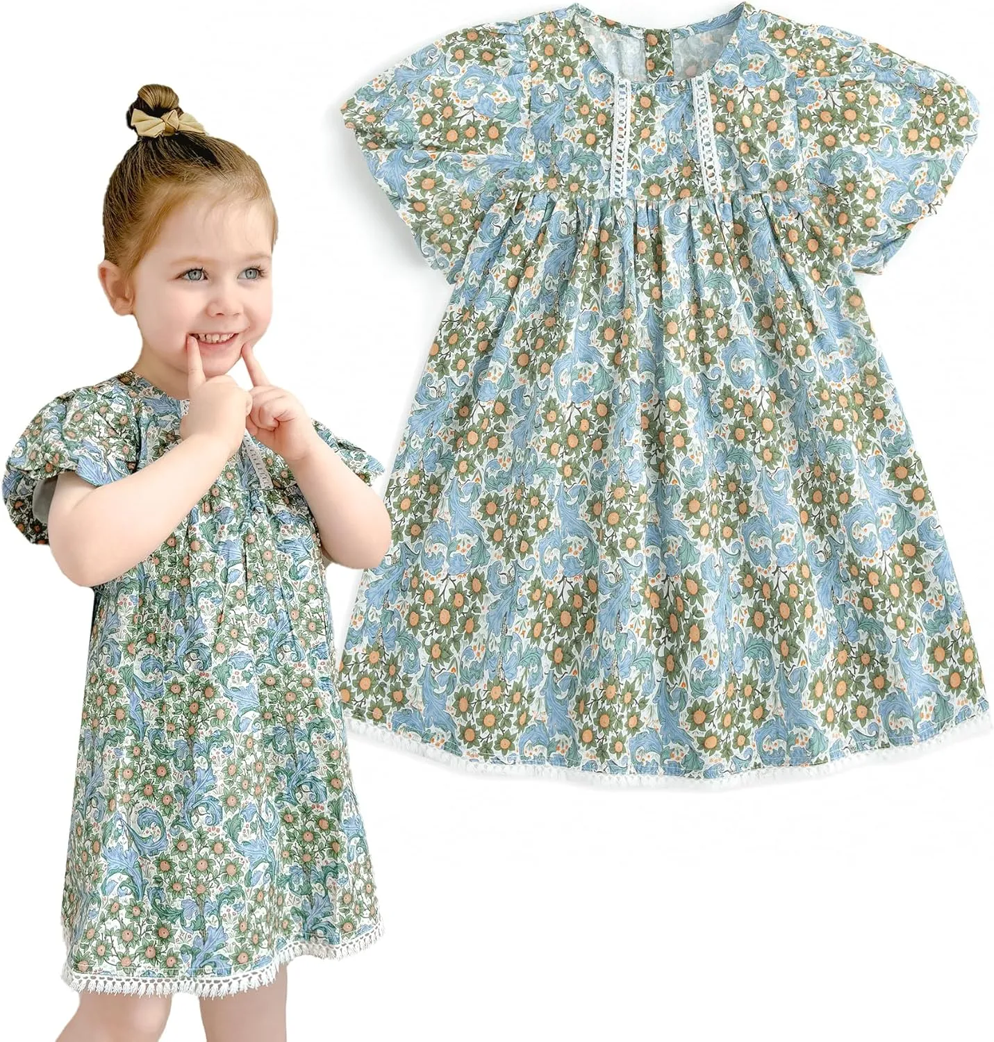 Curipeer Little Girls Summer Dress Floral Short Sleeve Cotton Casual Outfit Dress 12M-8Y