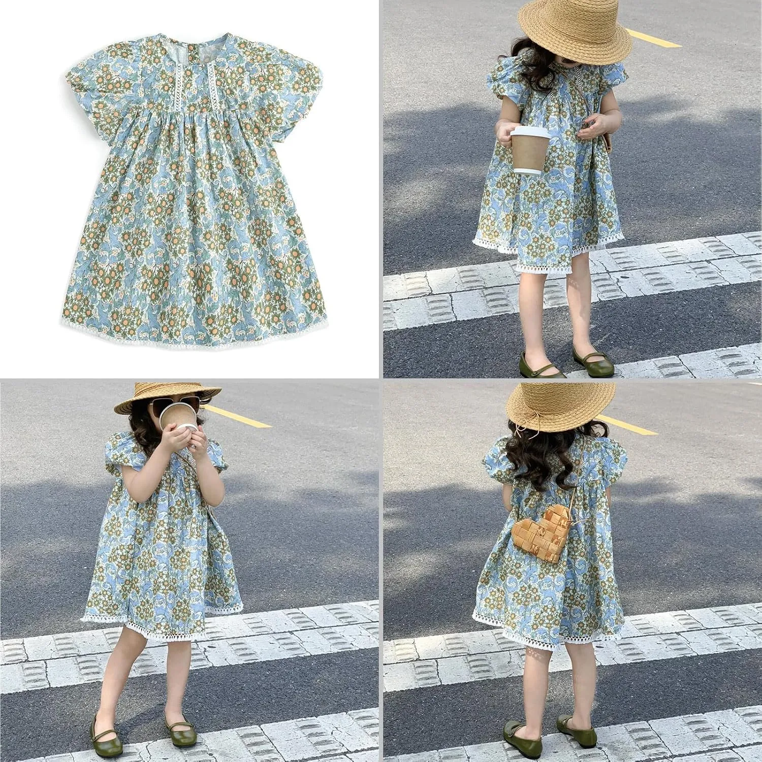 Curipeer Little Girls Summer Dress Floral Short Sleeve Cotton Casual Outfit Dress 12M-8Y