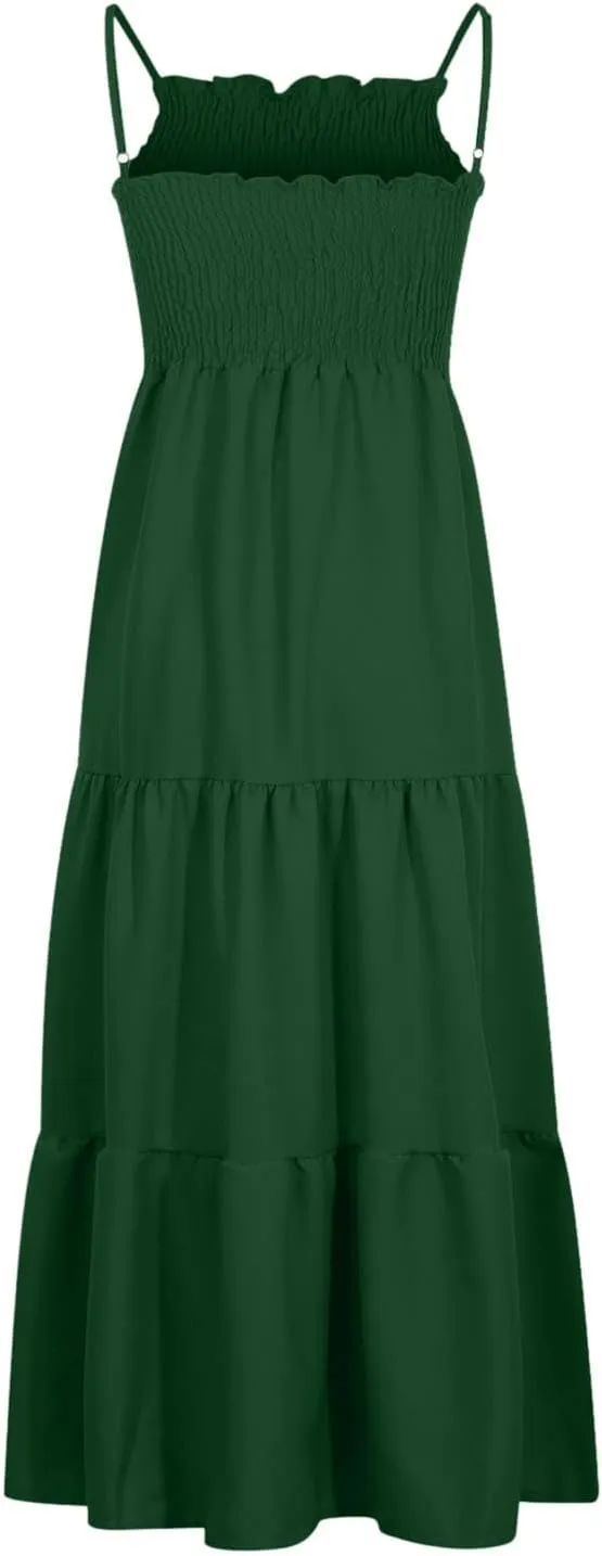 Dresses for Women 2024 Casual Bohemian Spaghetti Strap Smocked Tiered Long Beach Dresses Sleeveless Maxi Dress