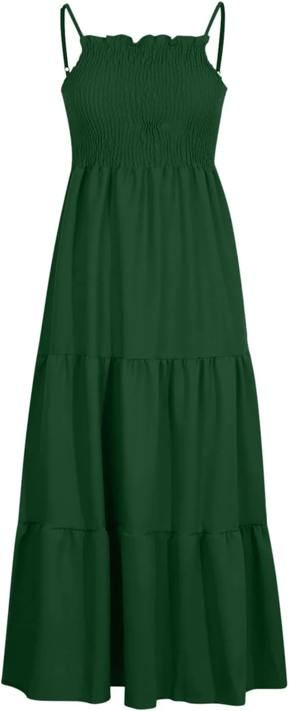 Dresses for Women 2024 Casual Bohemian Spaghetti Strap Smocked Tiered Long Beach Dresses Sleeveless Maxi Dress