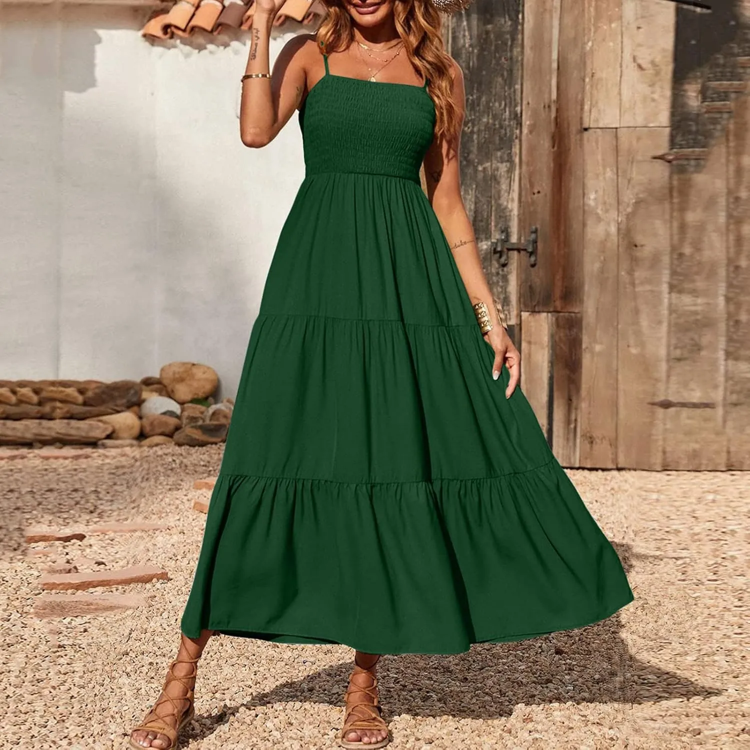 Dresses for Women 2024 Casual Bohemian Spaghetti Strap Smocked Tiered Long Beach Dresses Sleeveless Maxi Dress