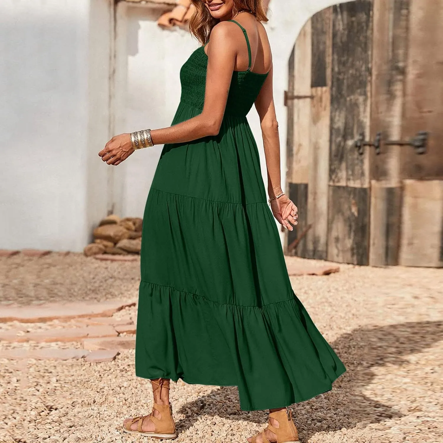 Dresses for Women 2024 Casual Bohemian Spaghetti Strap Smocked Tiered Long Beach Dresses Sleeveless Maxi Dress