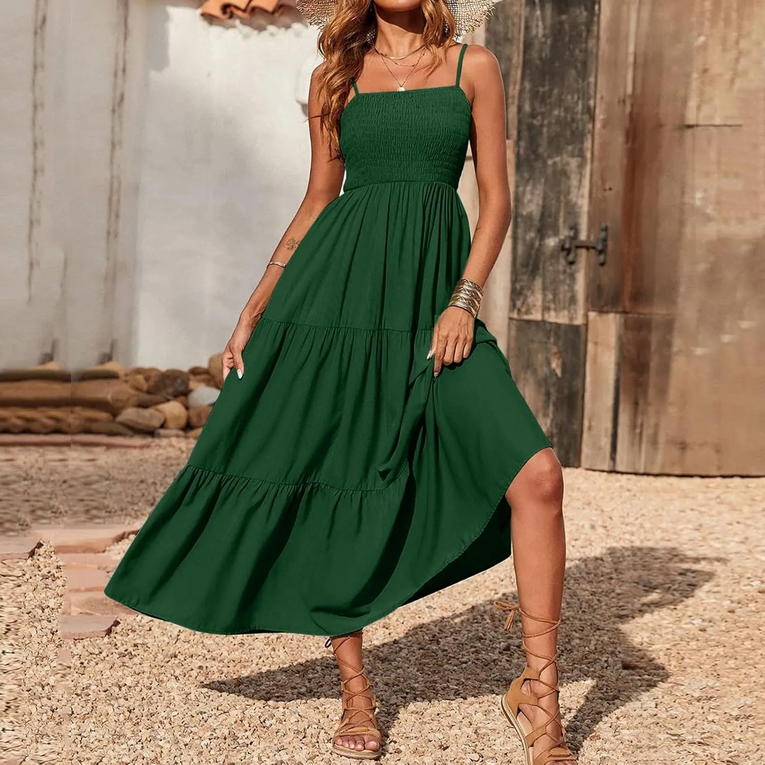 Dresses for Women 2024 Casual Bohemian Spaghetti Strap Smocked Tiered Long Beach Dresses Sleeveless Maxi Dress