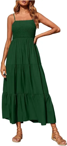 Dresses for Women 2024 Casual Bohemian Spaghetti Strap Smocked Tiered Long Beach Dresses Sleeveless Maxi Dress