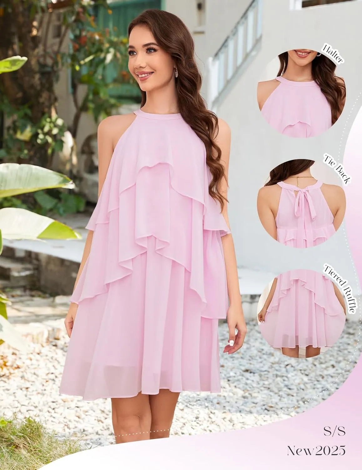 DRESSTELLS Women's Casual Halter Ruffle Tiered Dresses, Beach Wedding Cocktail Party Mini Sundress