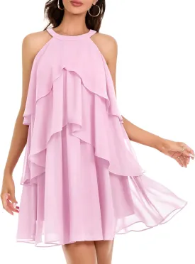DRESSTELLS Women's Casual Halter Ruffle Tiered Dresses, Beach Wedding Cocktail Party Mini Sundress